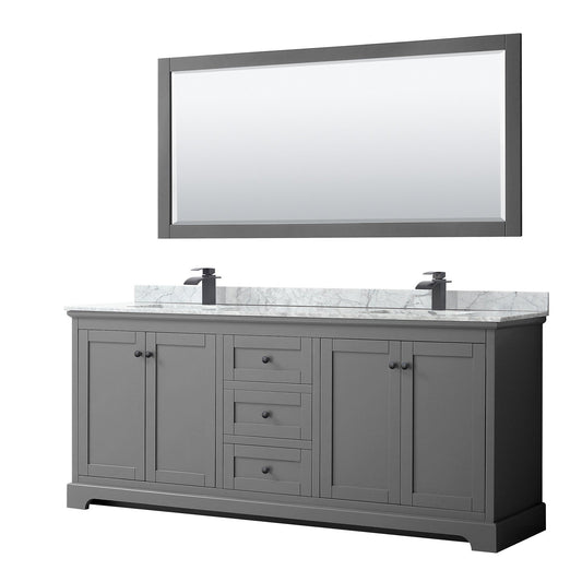 Avery 80" Double Bathroom Vanity in Dark Gray, White Carrara Marble Countertop, Undermount Square Sinks, Matte Black Trim, 70" Mirror