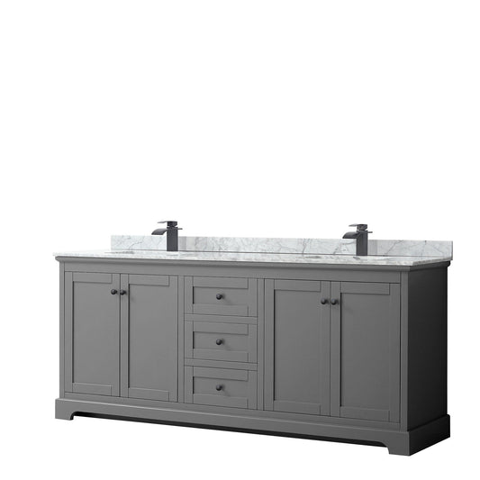 Avery 80" Double Bathroom Vanity in Dark Gray, White Carrara Marble Countertop, Undermount Square Sinks, Matte Black Trim