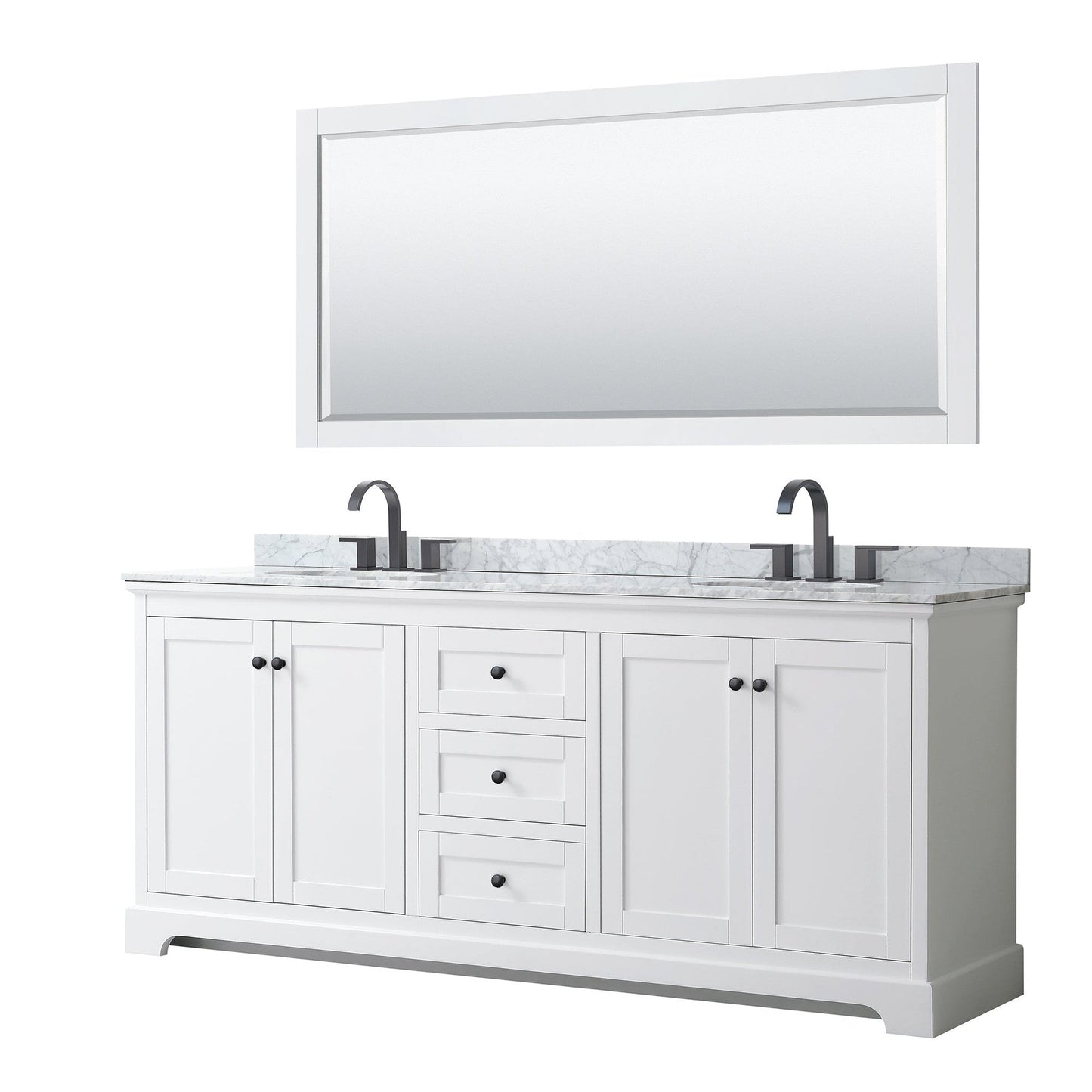 Avery 80" Double Bathroom Vanity in White, White Carrara Marble Countertop, Undermount Oval Sinks, Matte Black Trim, 70" Mirror