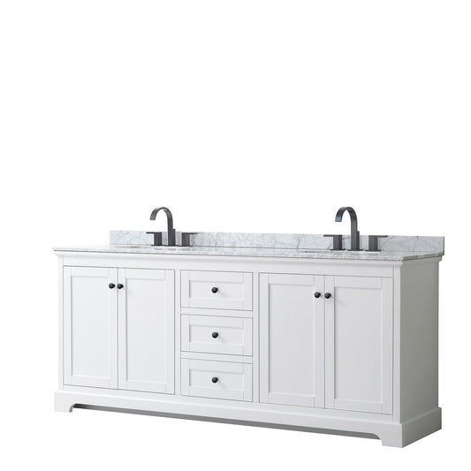 Avery 80" Double Bathroom Vanity in White, White Carrara Marble Countertop, Undermount Oval Sinks, Matte Black Trim