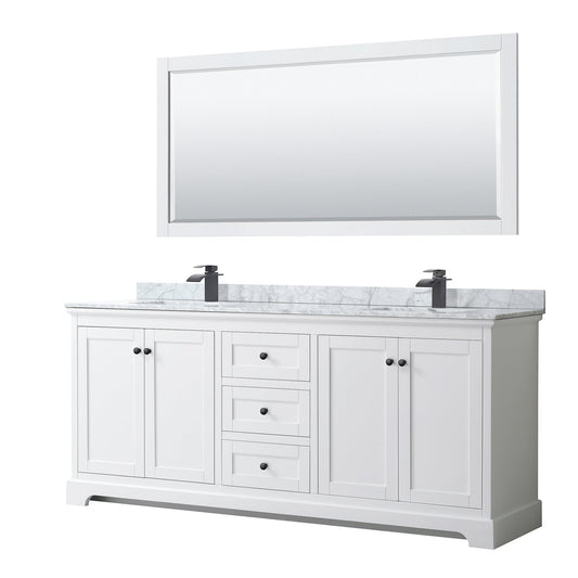 Avery 80" Double Bathroom Vanity in White, White Carrara Marble Countertop, Undermount Square Sinks, Matte Black Trim, 70" Mirror