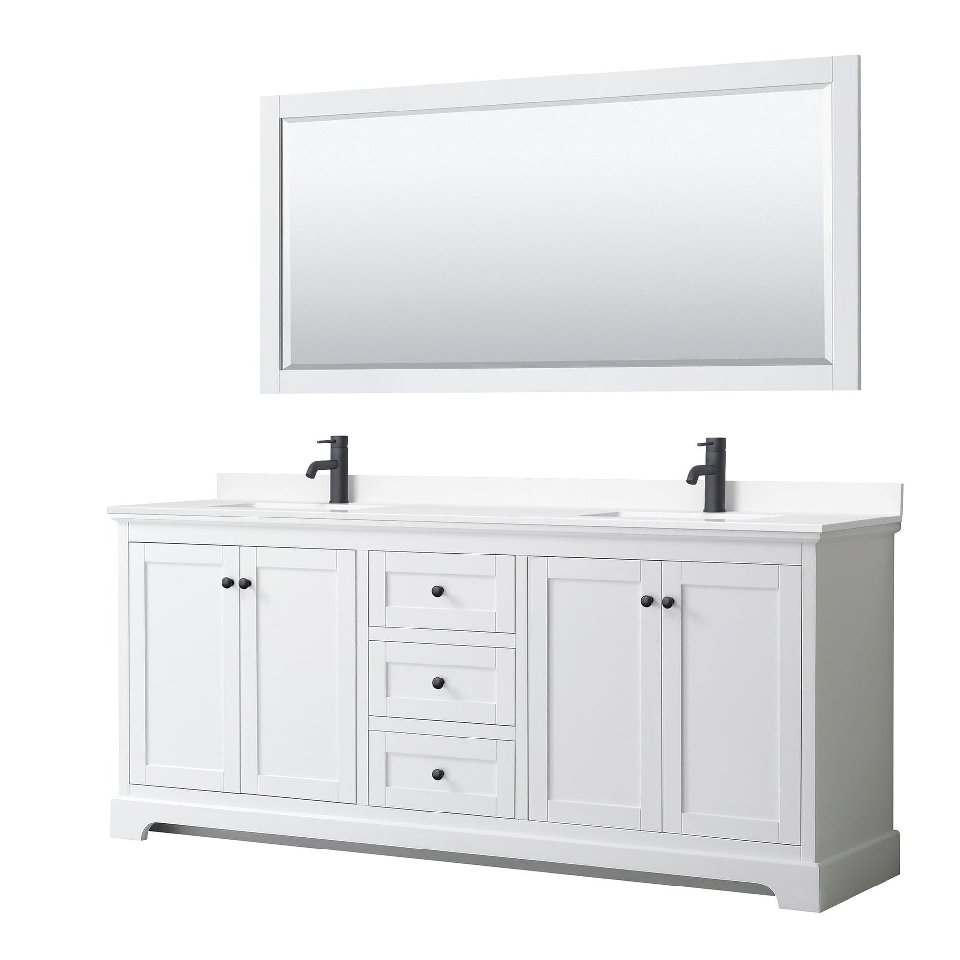 Avery 80" Double Bathroom Vanity in White, White Cultured Marble Countertop, Undermount Square Sinks, Matte Black Trim, 70" Mirror