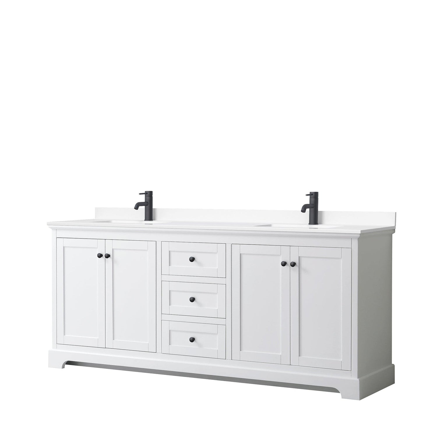 Avery 80" Double Bathroom Vanity in White, White Cultured Marble Countertop, Undermount Square Sinks, Matte Black Trim
