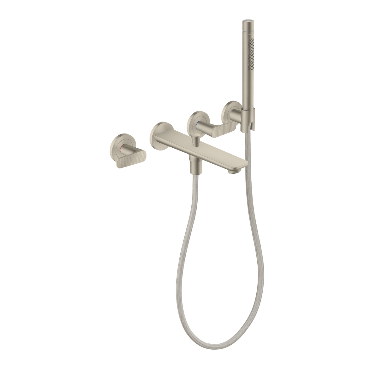 Axor Citterio C 1.75 GPM 3-Hole Brushed Nickel Wall Mounted Tub Filler With Cubic Cut Handshower and Holder