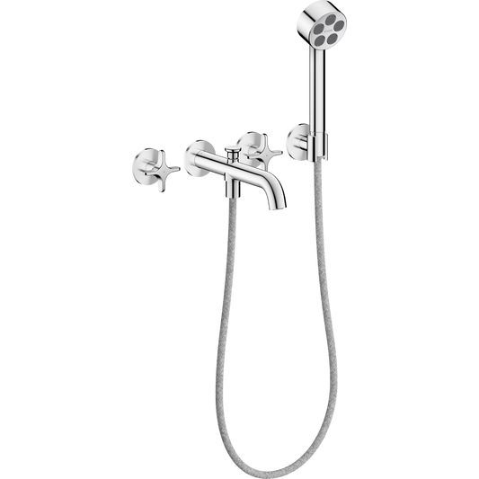 Axor One 1.75 GPM 3-Hole Cross Handles Chrome Wall Mounted Tub Filler With Handshower and Holder