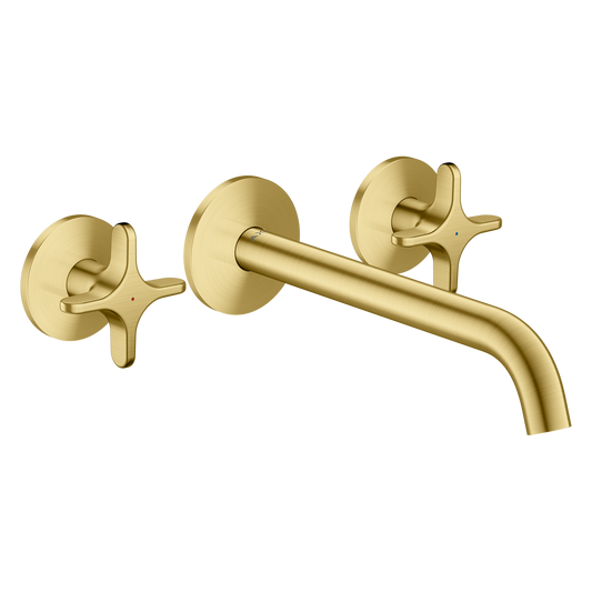 Axor One 5.3 GPM 3-Hole 220 Cross Handle Wall Mounted Brushed Brass Chrome Tub Filler