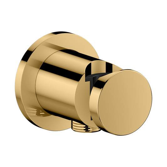 Axor One Round Metal Polished Gold Optic Wall Outlet With Handshower Holder and Check Valves