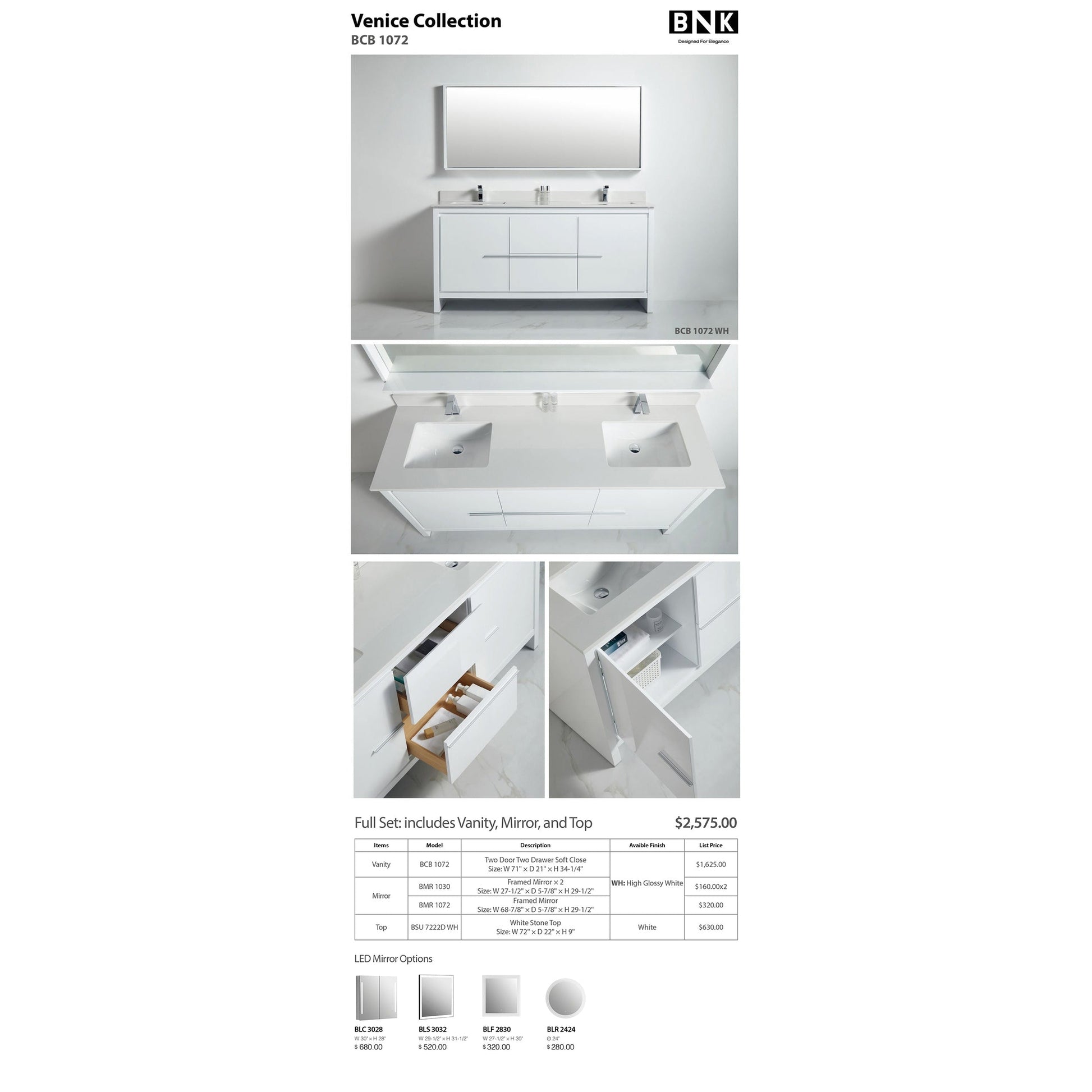 BNK BCB1072 Venice High Glossy White Vanity Only Two Door One Drawer Soft Close
