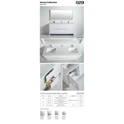 BNK BCB1072 Venice High Glossy White Vanity Only Two Door One Drawer Soft Close