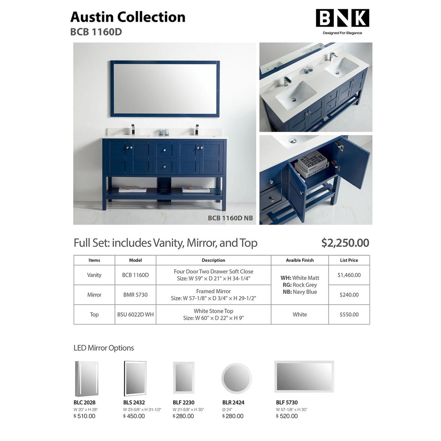 BNK BCB1160D Austin Navy Blue Vanity With Double-Sink Only Four Door Two Drawer Soft Close