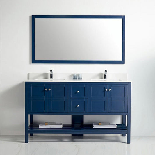BNK BCB1160D Austin Navy Blue Vanity With Double-Sink Only Four Door Two Drawer Soft Close