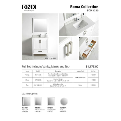 BNK BCB1230 Roma Matt White Vanity Only Two-Door One Drawer Soft Close