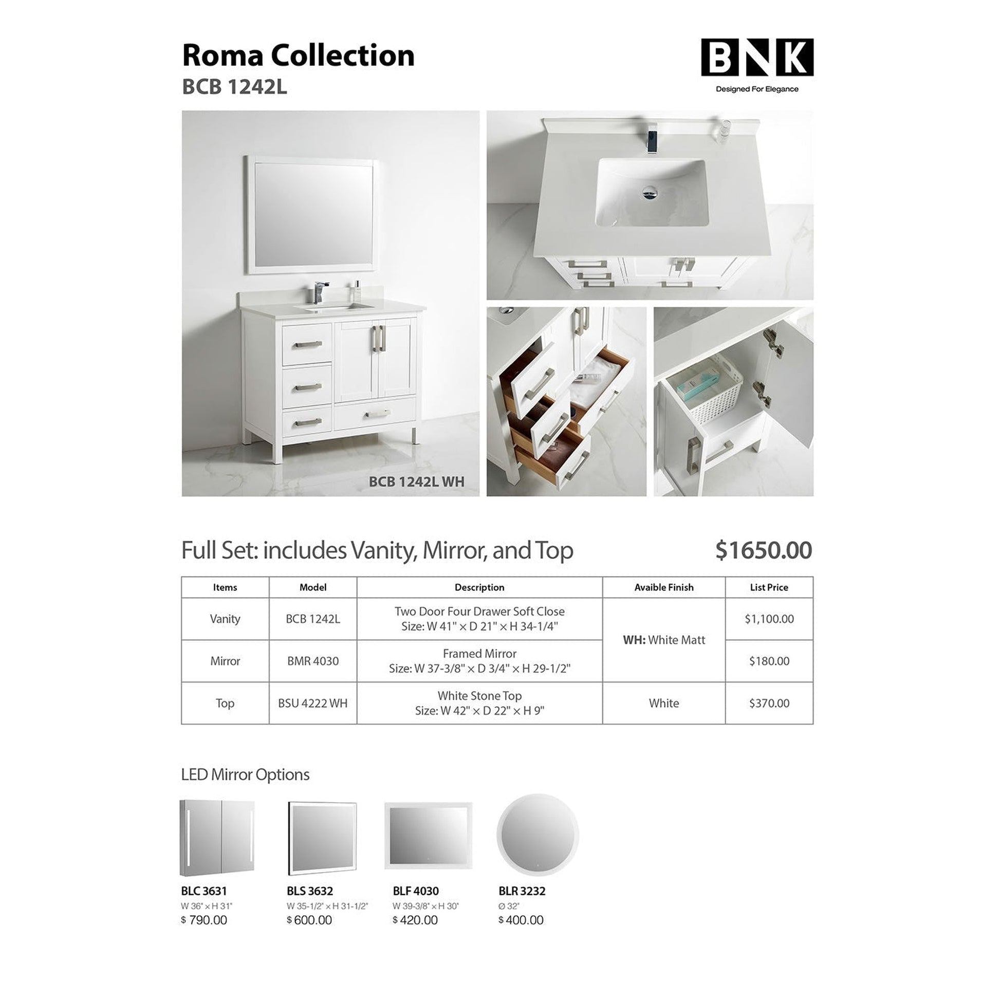 BNK BCB1242L Roma Matt White Vanity Only Two-Door Three Left Drawer Soft Close