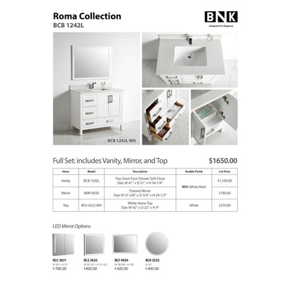 BNK BCB1242L Roma Matt White Vanity Only Two-Door Three Left Drawer Soft Close