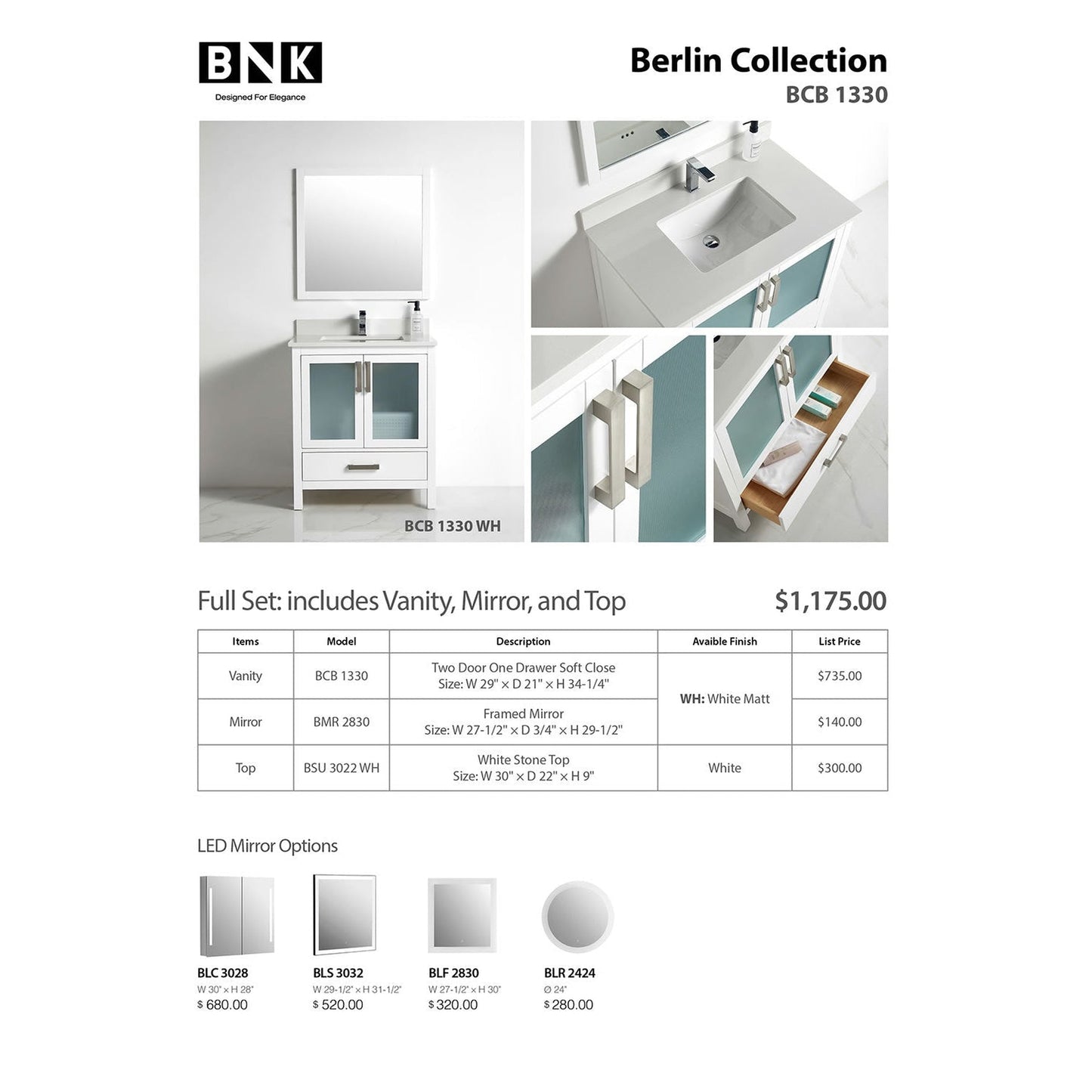 BNK BCB1330 Berlin Vanity Only Two-Door One Drawer Soft Close