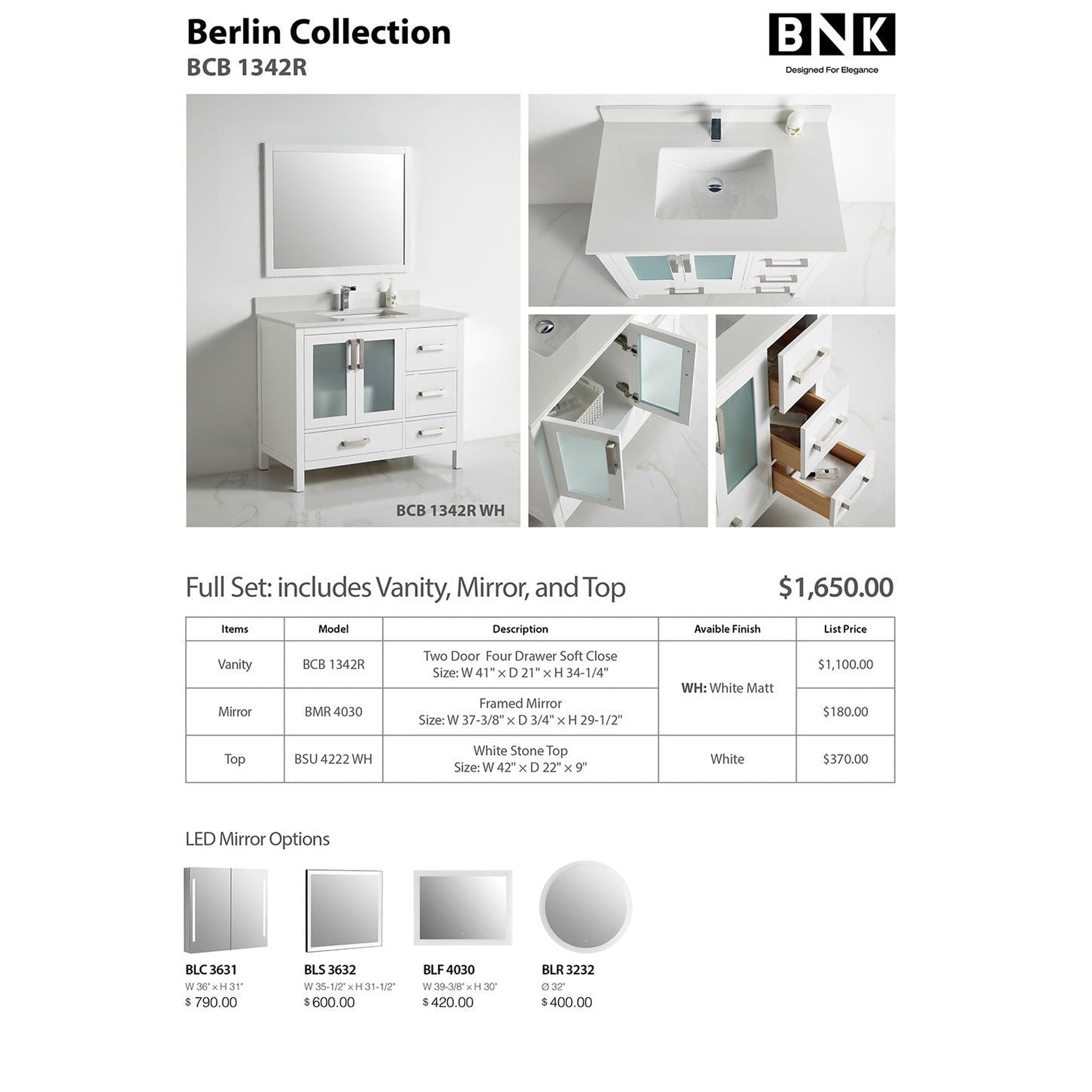 BNK BCB1342R Berlin Vanity Only Two-Door Three Right Drawer Soft Close