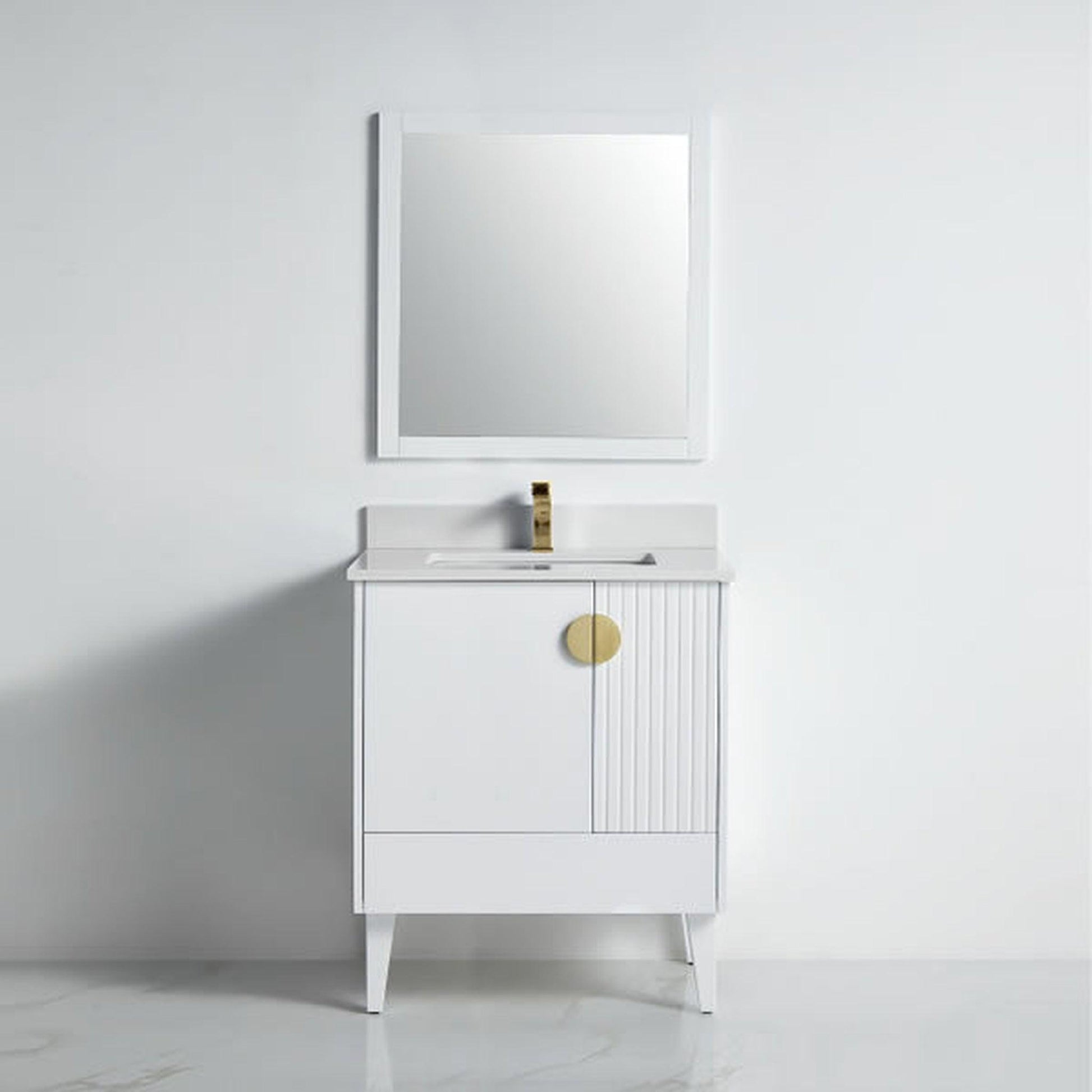 BNK BCB1430WH Athens Matt White Vanity Only Two Glass Door One Drawer Soft Close