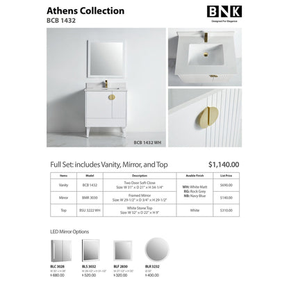 BNK BCB1432WH Athens Matt White Vanity Only Two Glass Door One Drawer Soft Close