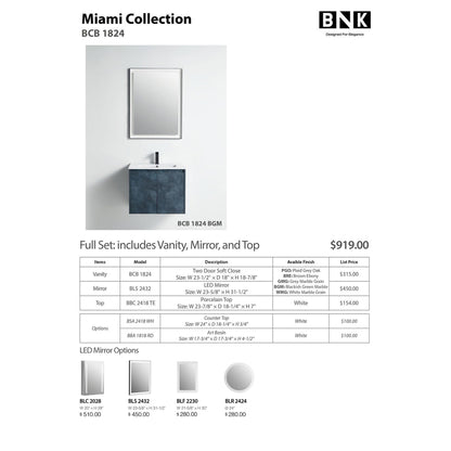 BNK BCB1824BGM Miami Blackish Green Mable Vanity Only Two-Door Soft Close