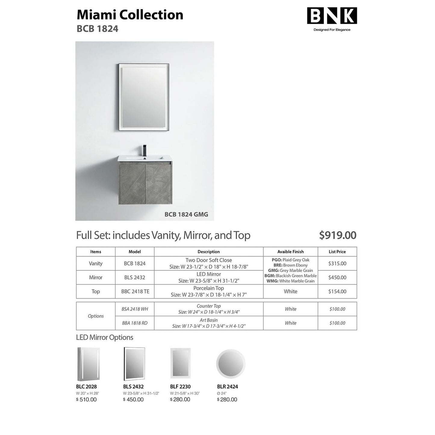 BNK BCB1824GMG Miami Grey Mable Grain Vanity Only Two-Door Soft Close