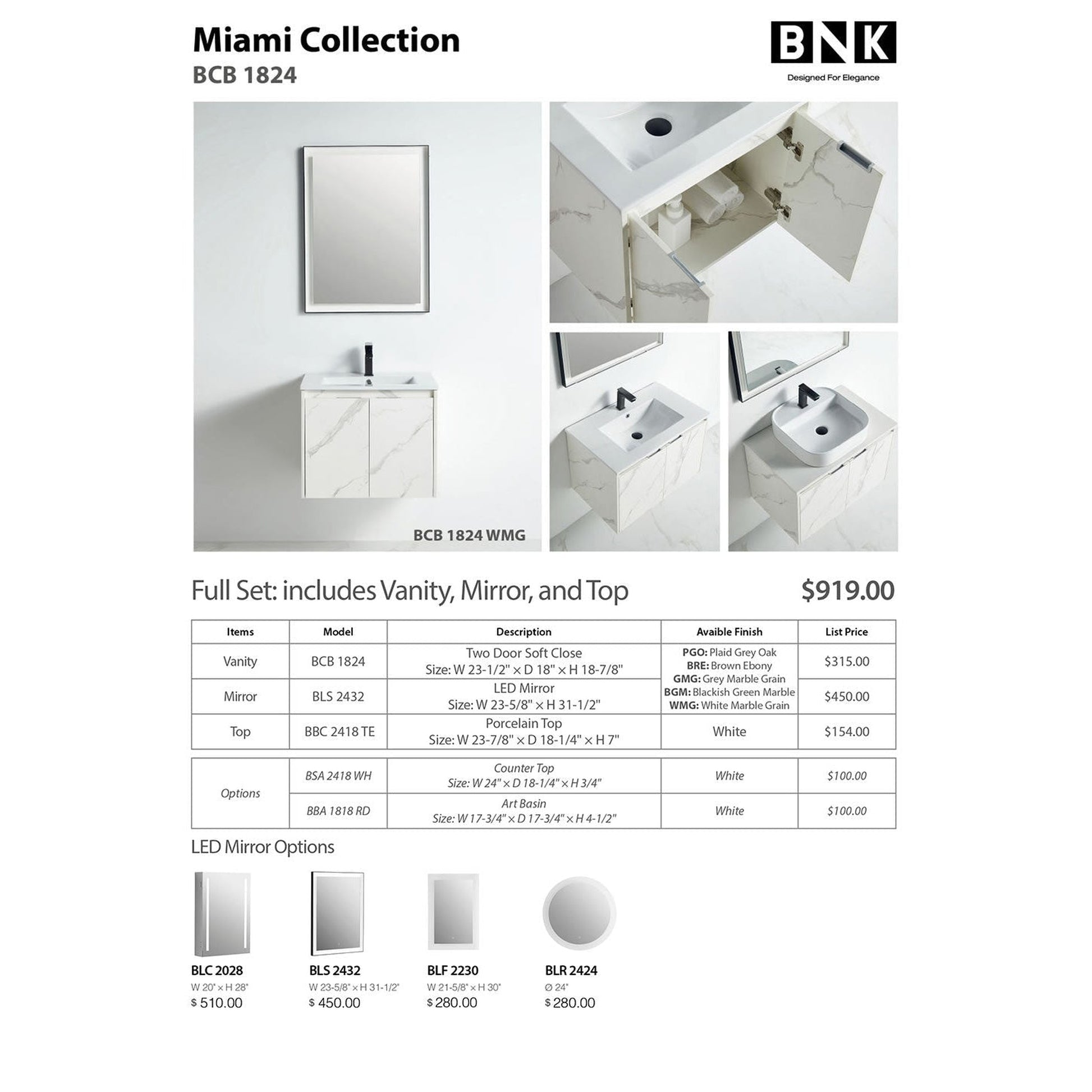 BNK BCB1824WMG Miami White Mable Grain Vanity Only Two-Door Soft Close