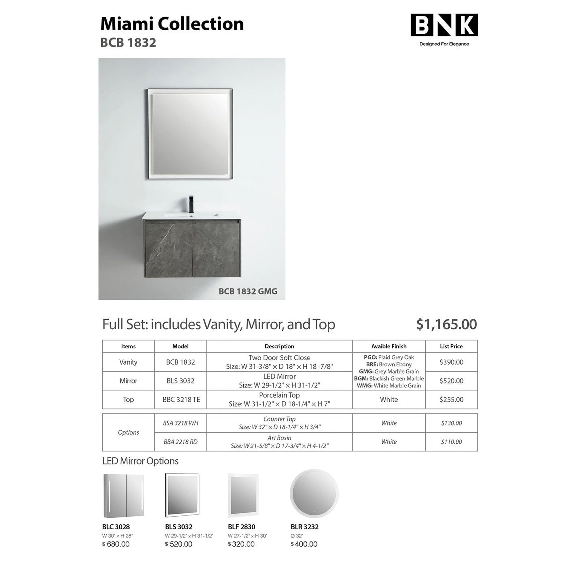 BNK BCB1832GMG Miami Grey Mable Grain Vanity Only Two-Door Soft Close