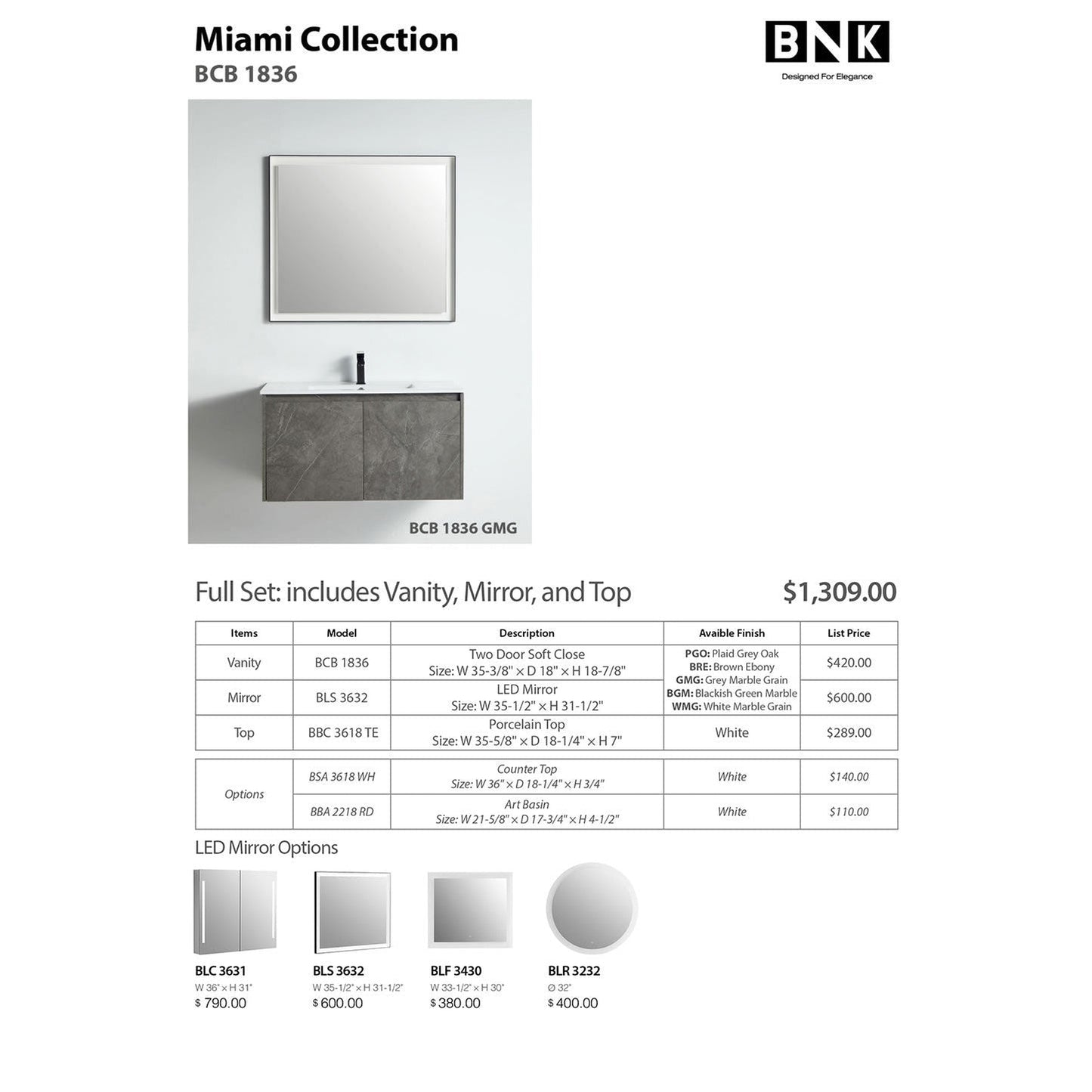 BNK BCB1836GMG Miami Grey Mable Grain Vanity Only Two-Door Soft Close