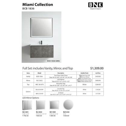 BNK BCB1836GMG Miami Grey Mable Grain Vanity Only Two-Door Soft Close