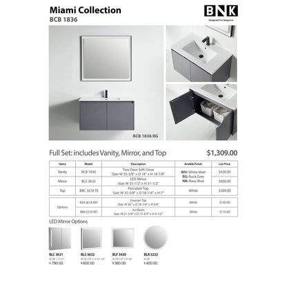 BNK BCB1836RG Miami Rock Grey Vanity Only Two-Door Soft Close