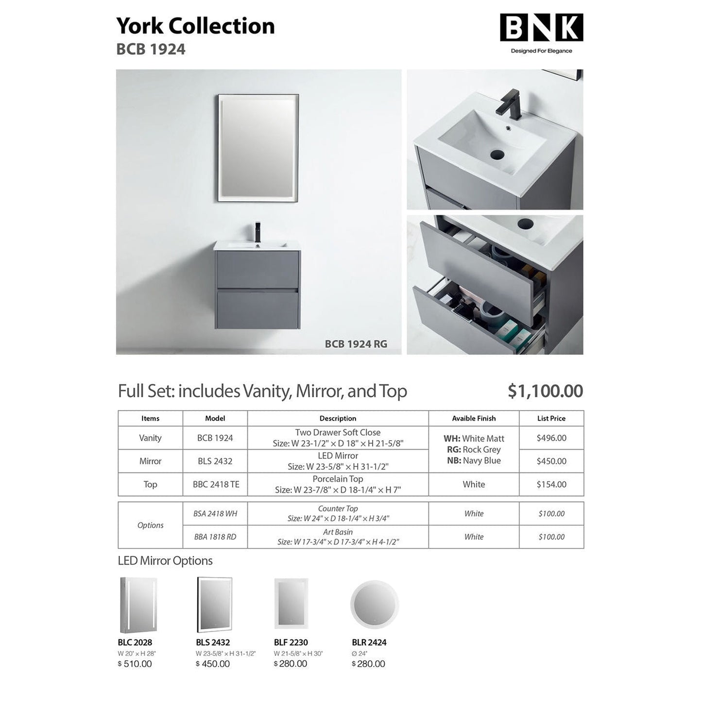 BNK BCB1924RG York Rock Grey Vanity Only Two Drawer Soft Close