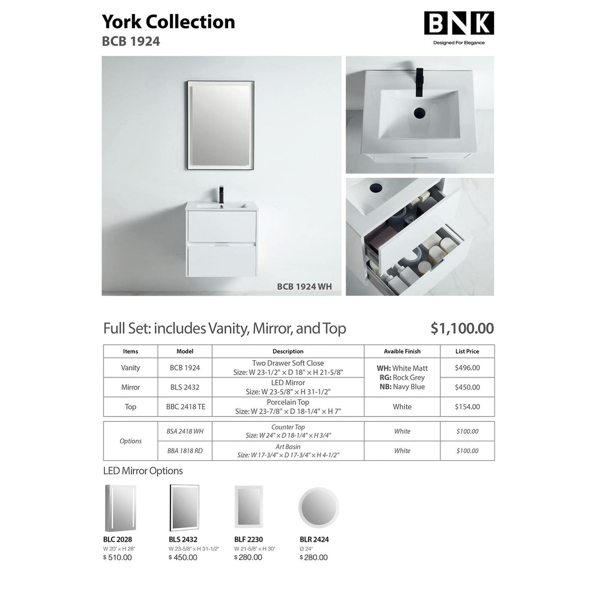 BNK BCB1924WH York White Matt Vanity Only Two Drawer Soft Close