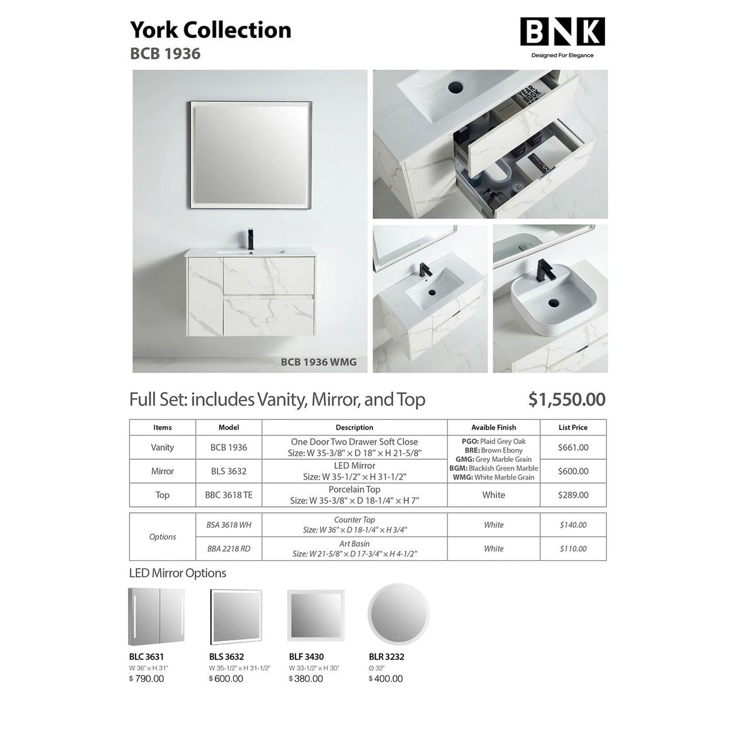 BNK BCB1936WMG York White Mable Grain Vanity Only One-Door Two Drawer Soft Close