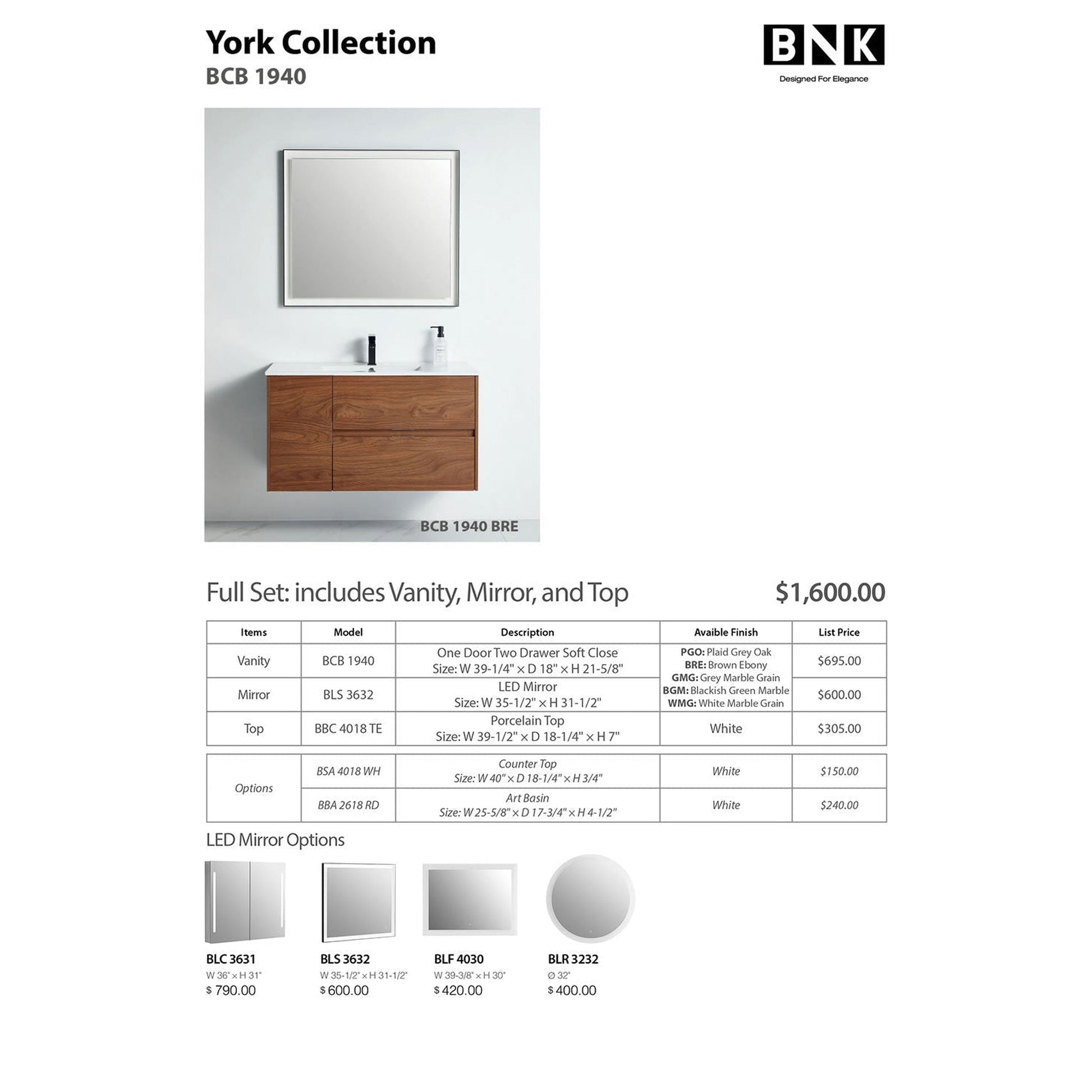 BNK BCB1940BRE York Brown Ebony Vanity Only One-Door Two Drawer Soft Close