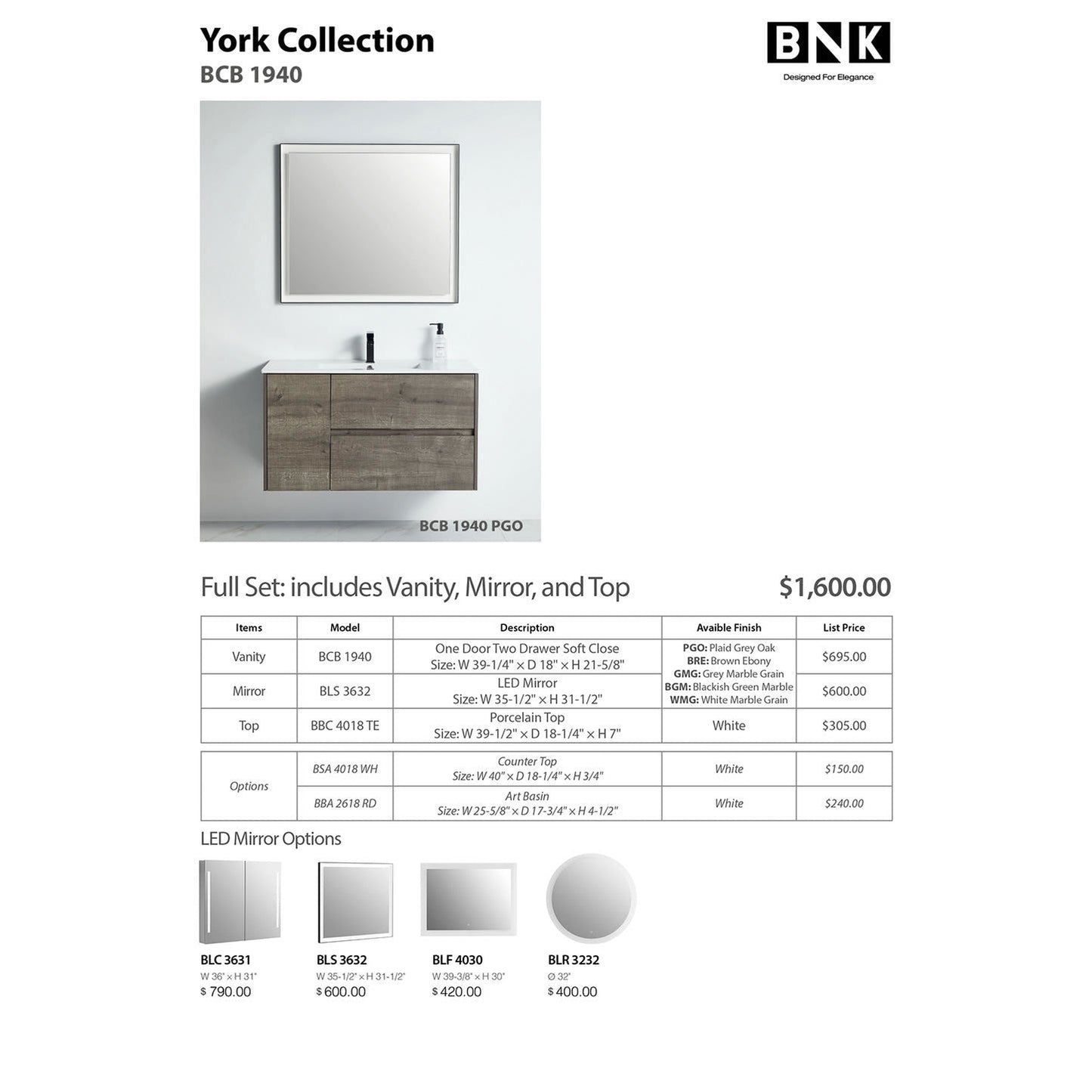 BNK BCB1940PGO York Plaid Grey Oak Vanity Only One-Door Two Drawer Soft Close