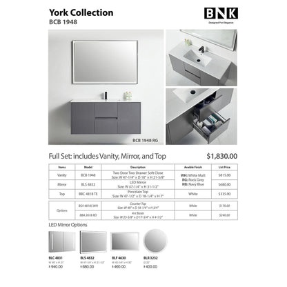 BNK BCB1948RG York Rock Grey Vanity Only Two-Door Two Drawer Soft Close