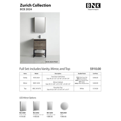 BNK BCB2024PGO Zurich Plaid Grey Oak Vanity Only Two-Door Soft Close