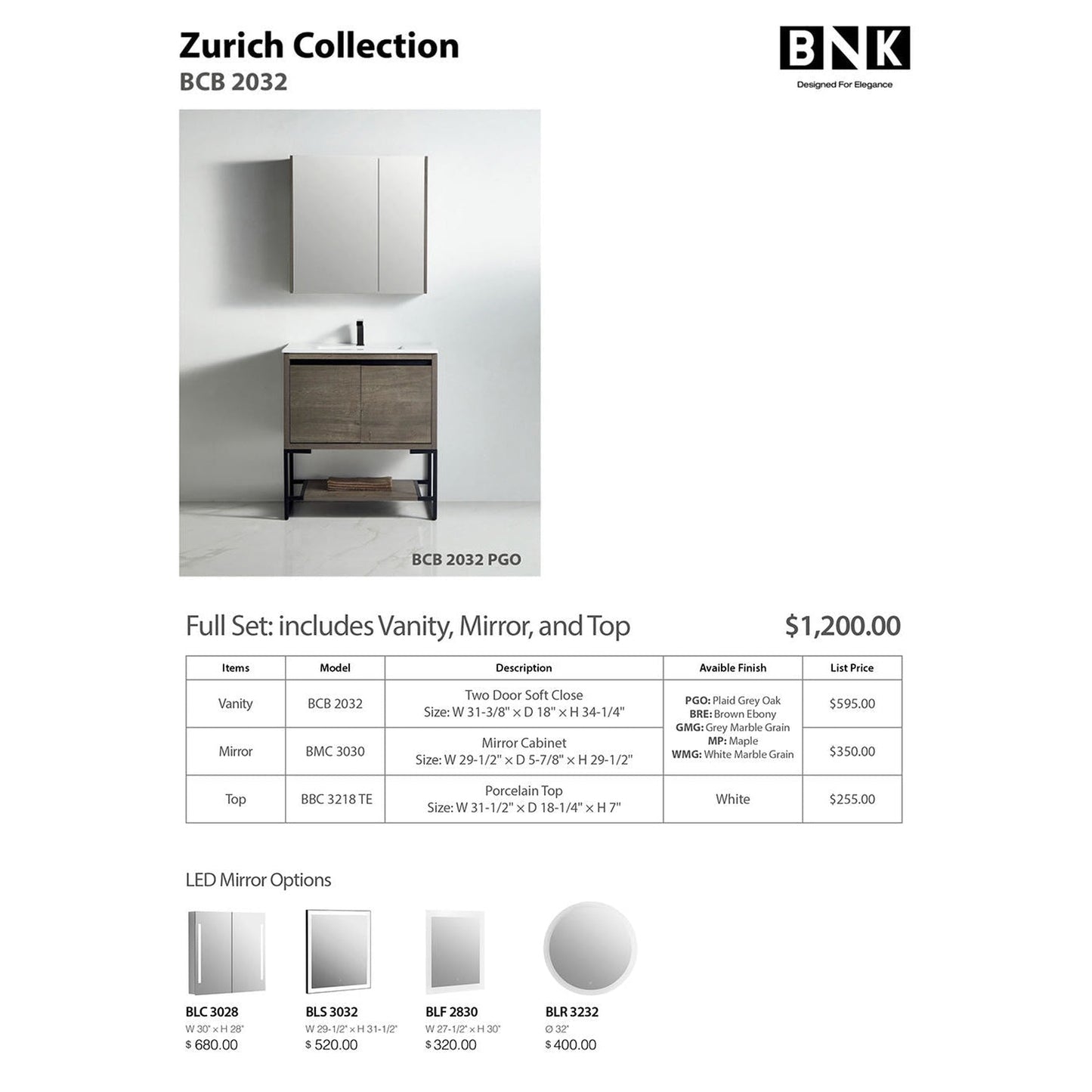 BNK BCB2032PGO Zurich Plaid Grey Oak Vanity Only Two-Door Soft Close