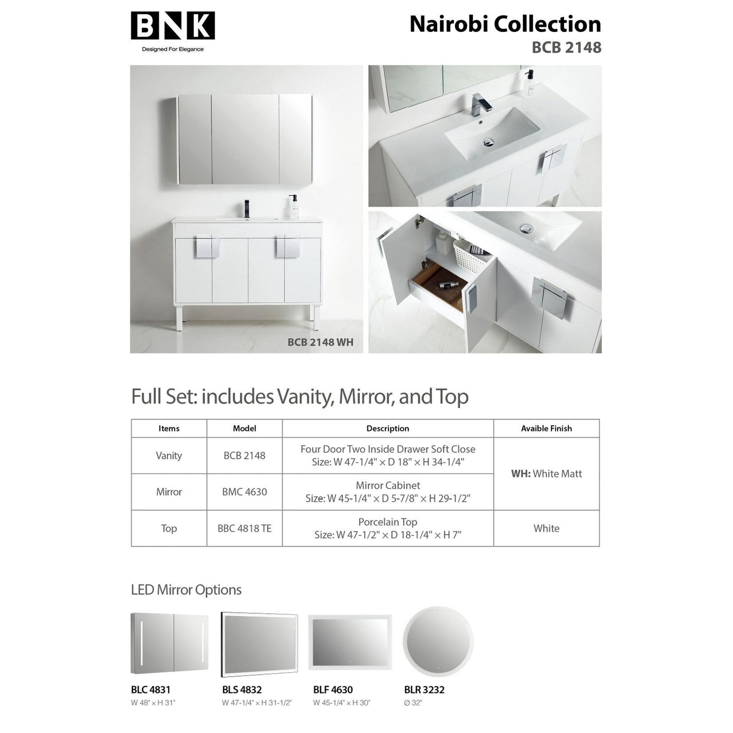 BNK BCB2148 Nairobi White Matt Vanity Only Three-Door One Inside Drawer Soft Close