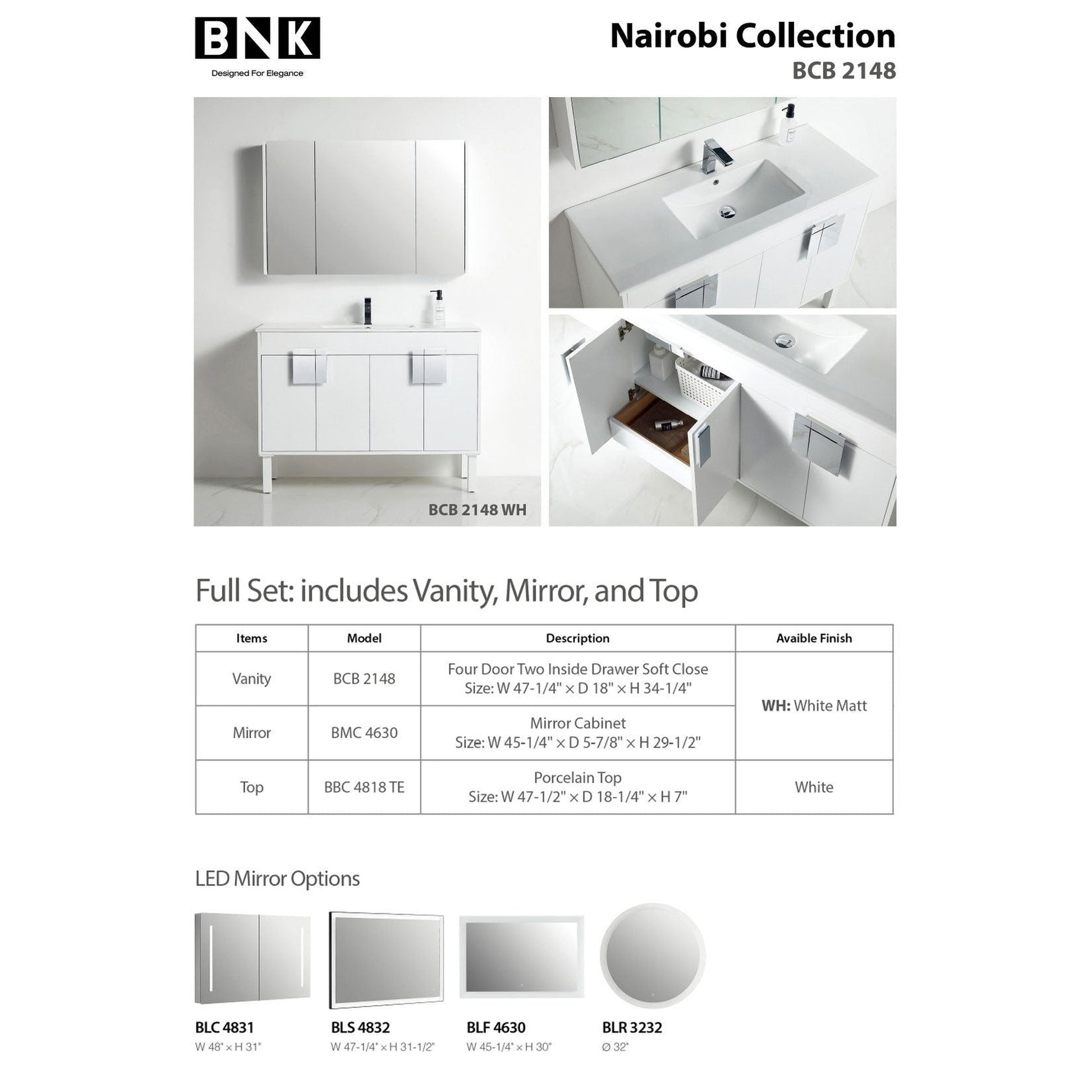 BNK BCB2148 Nairobi White Matt Vanity Only Three-Door One Inside Drawer Soft Close