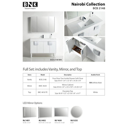 BNK BCB2148 Nairobi White Matt Vanity Only Three-Door One Inside Drawer Soft Close