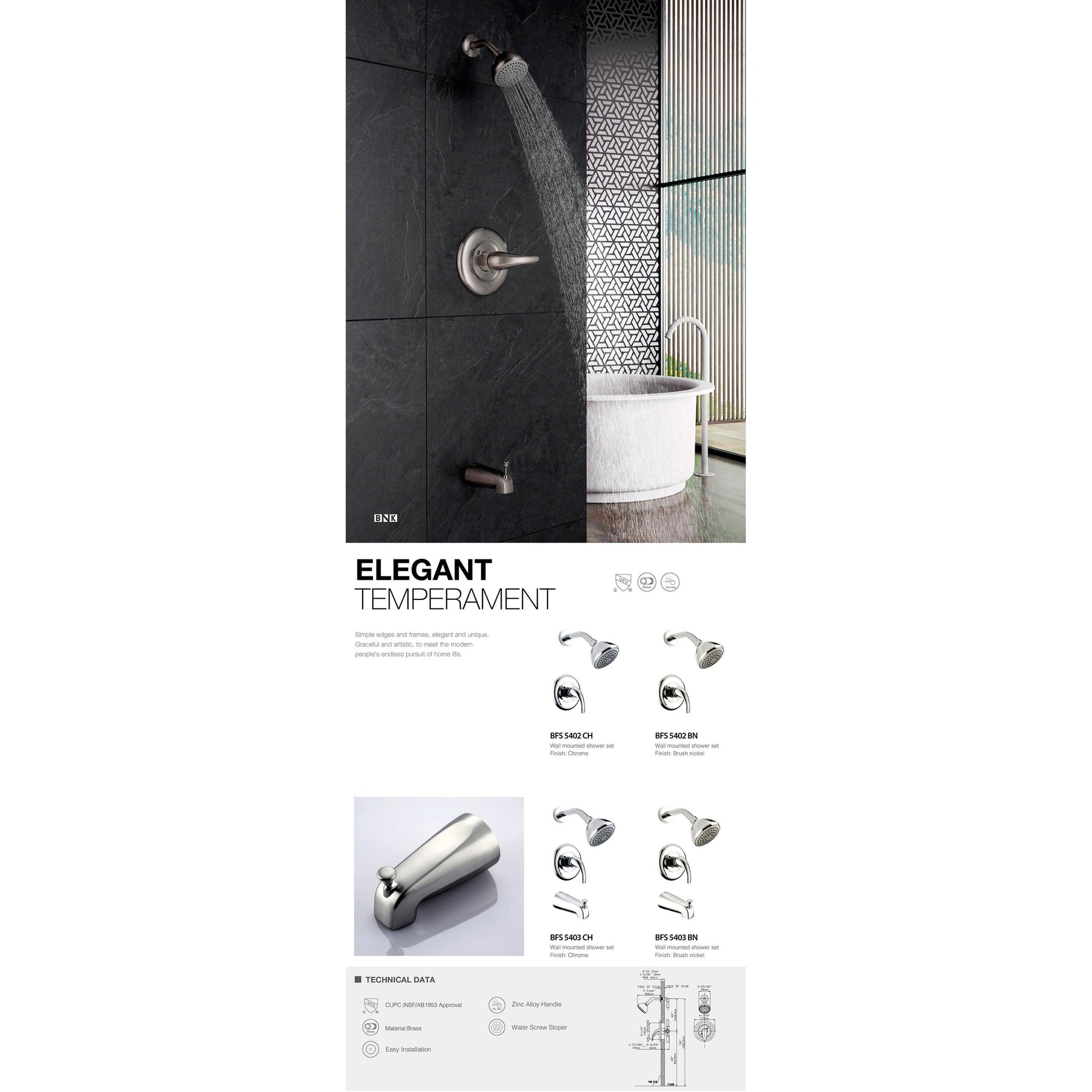 BNK BFS5403BN Brushed Nickel Shower And Tub Faucet