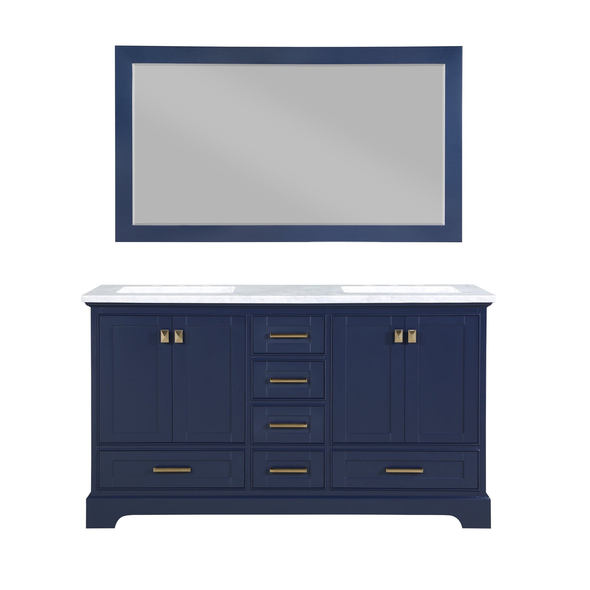 Bathlyn Double Freestanding Bath Vanity in Blue with White Marble Top with Mirror