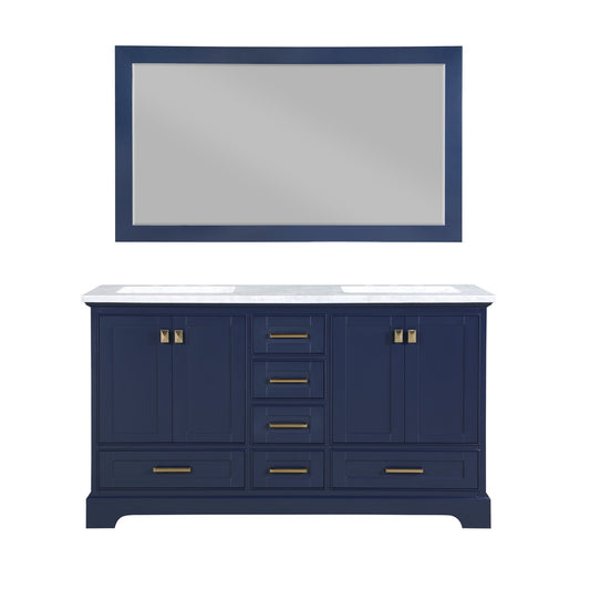 Bathlyn Double Freestanding Bath Vanity in Blue with White Marble Top with Mirror