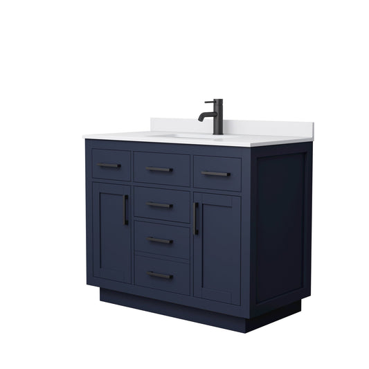 Beckett 42" Single Bathroom Vanity With Toe Kick in Dark Blue, White Cultured Marble Countertop, Undermount Square Sink, Matte Black Trim