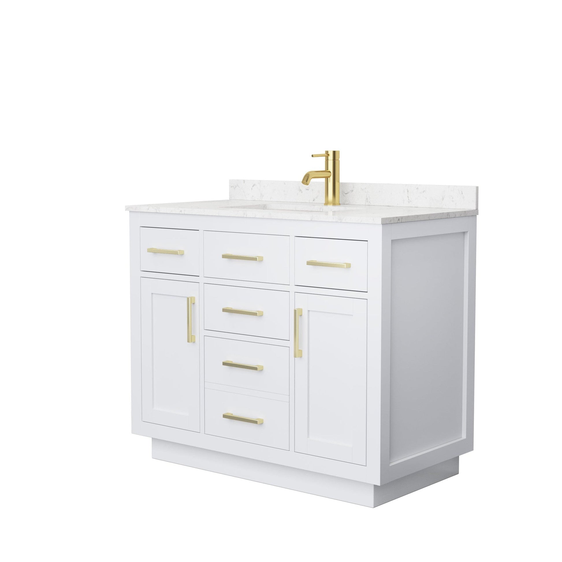 Beckett 42" Single Bathroom Vanity With Toe Kick in White, Carrara Cultured Marble Countertop, Undermount Square Sink, Brushed Gold Trim