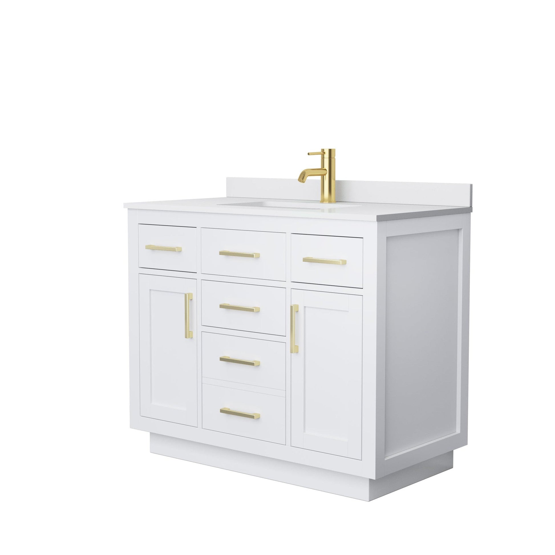 Beckett 42" Single Bathroom Vanity With Toe Kick in White, White Cultured Marble Countertop, Undermount Square Sink, Brushed Gold Trim