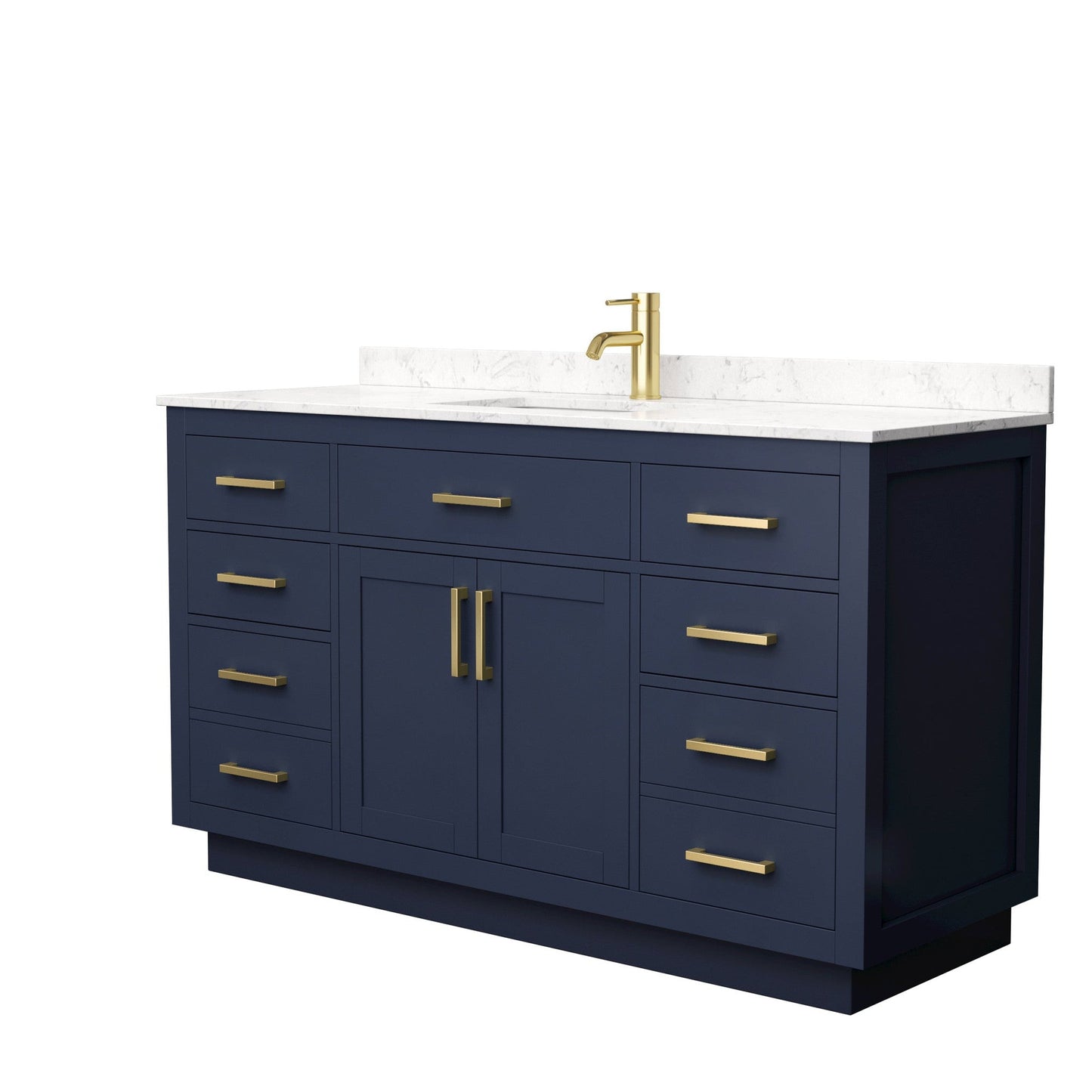 Beckett 60" Single Bathroom Vanity With Toe Kick in Dark Blue, Carrara Cultured Marble Countertop, Undermount Square Sink, Brushed Gold Trim
