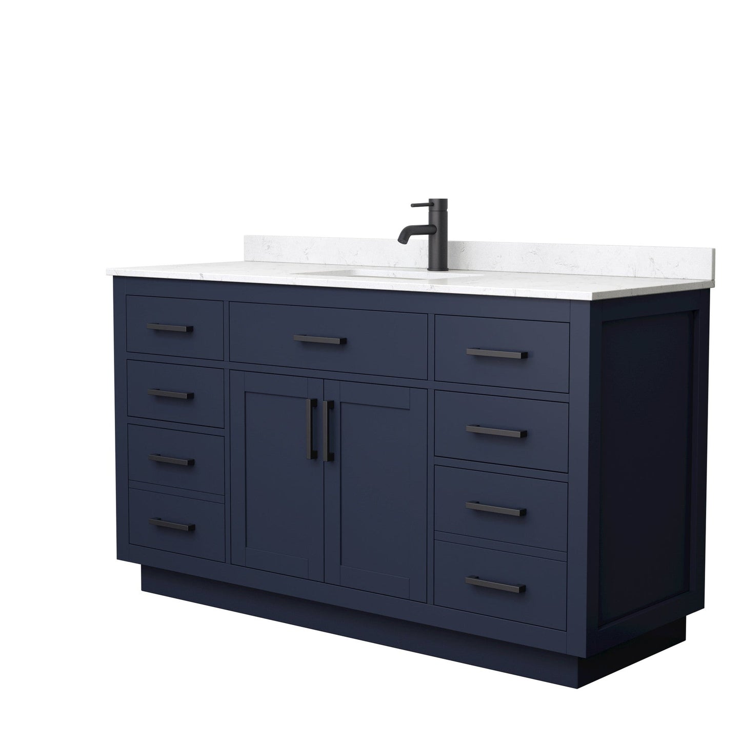 Beckett 60" Single Bathroom Vanity With Toe Kick in Dark Blue, Carrara Cultured Marble Countertop, Undermount Square Sink, Matte Black Trim