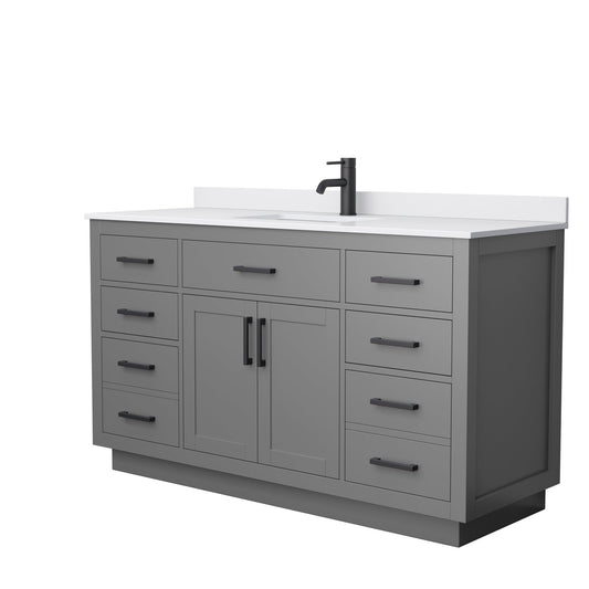 Beckett 60" Single Bathroom Vanity With Toe Kick in Dark Gray, White Cultured Marble Countertop, Undermount Square Sink, Matte Black Trim