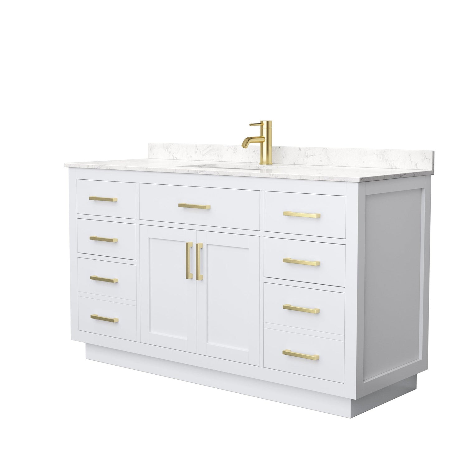 Beckett 60" Single Bathroom Vanity With Toe Kick in White, Carrara Cultured Marble Countertop, Undermount Square Sink, Brushed Gold Trim